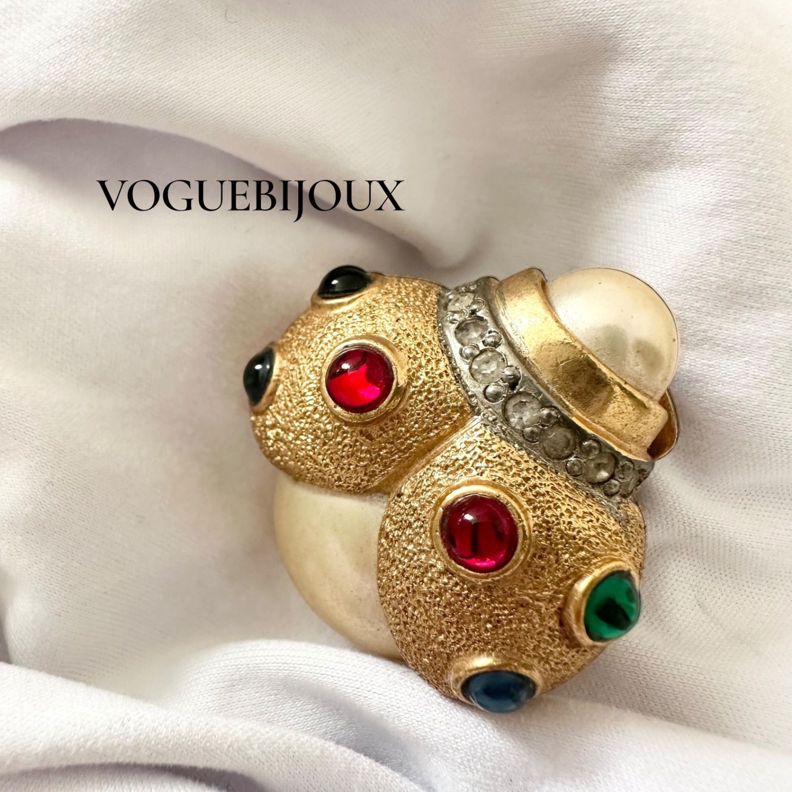 VOGUEBIJOUX ヴォーグビジュー イヤリング ヴィンテージ てんとう虫 モチーフ 片耳のみ マルチストーン ゴールド 4×3㎝ 希少 レトロ ビジュー