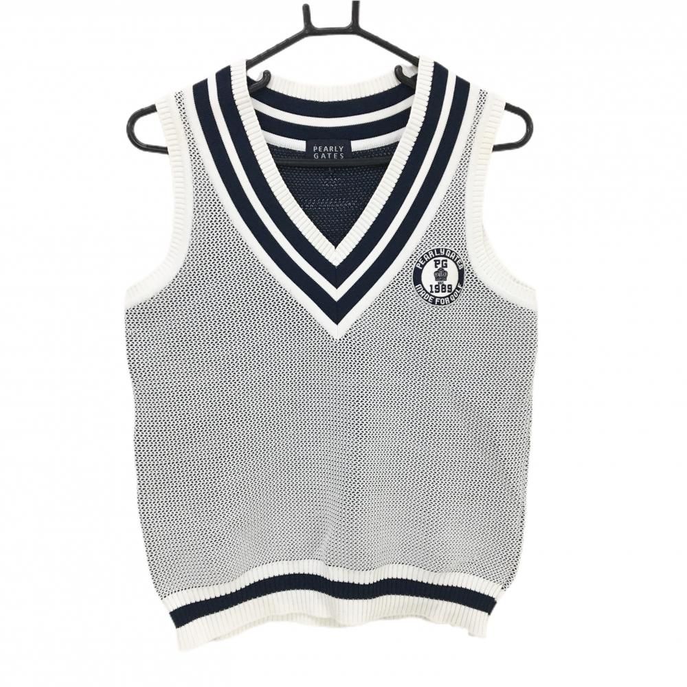 パーリーゲイツ ニットベスト 白×ネイビー Vネック ロゴ刺しゅう