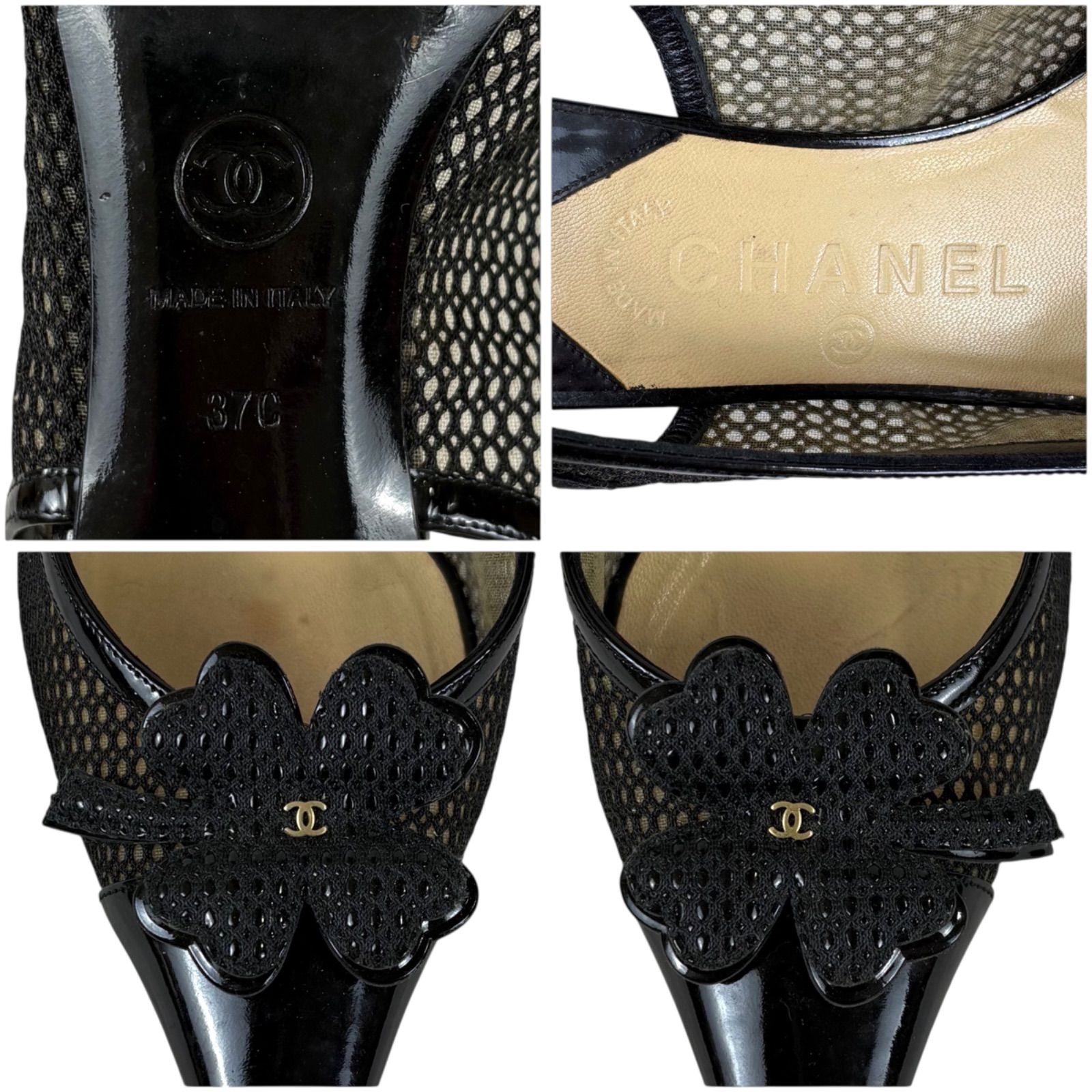 CHANEL 黒 ポインテッドトゥ ハイヒール 37C CHANEL シャネル ポインテッドトゥ ハイヒール パンプス クローバー
