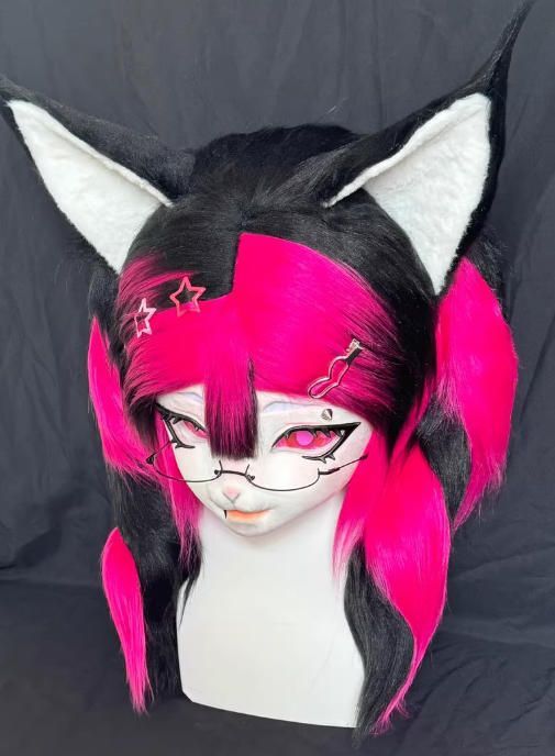 着ぐるみヘッド kigurumi NO 232 キツネ ピンク ブラック ファースーツ 全頭ヘッド ケモノ マスク ぬいぐるみ コスプレ コスチューム 一点物