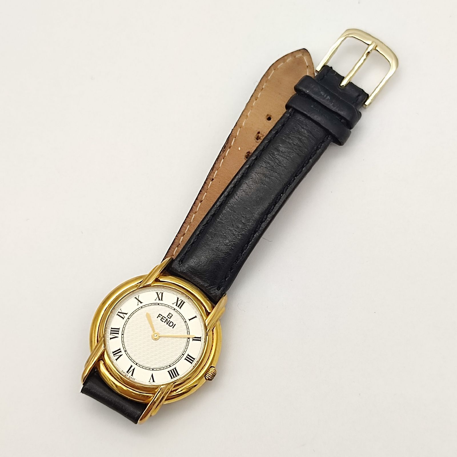 FENDI 時計 ゴールド ブラック 長方形 FENDI フェンディ 350J ゴールド ブラックレザー クォーツ メンズ