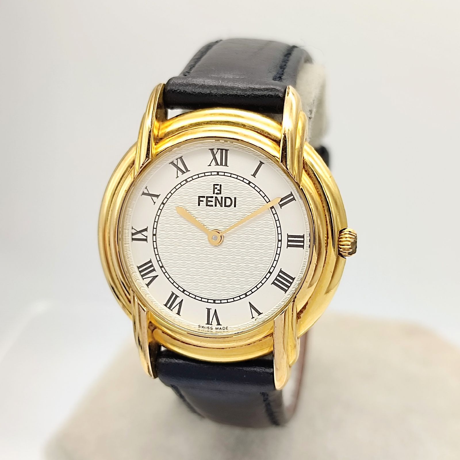 FENDI 時計 ゴールド ブラック 長方形 FENDI フェンディ 350J ゴールド ブラックレザー クォーツ メンズ