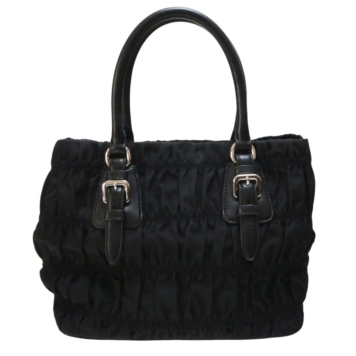 PRADA プラダ ロゴプレート ナイロンギャザー/レザー トートバッグ