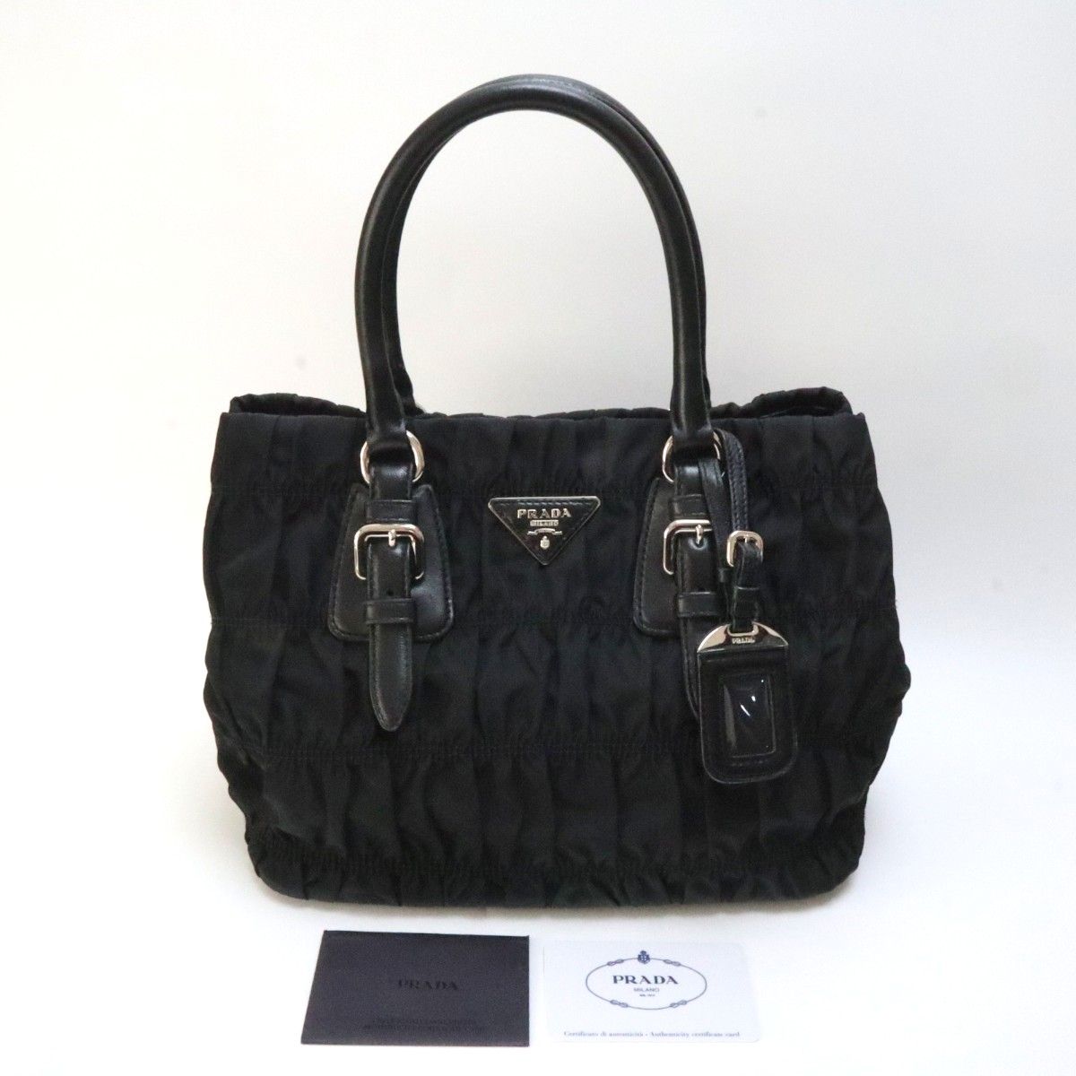 PRADA プラダ ロゴプレート ナイロンギャザー/レザー トートバッグ