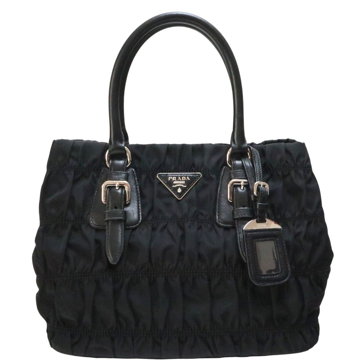 PRADA プラダ ロゴプレート ナイロンギャザー/レザー トートバッグ