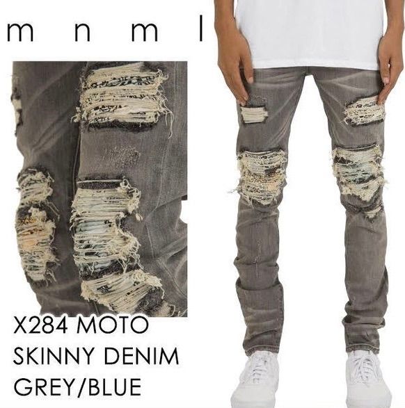 mnml X284 ウォッシュ加工ペイズリーダメージストレッチスキニーデニム