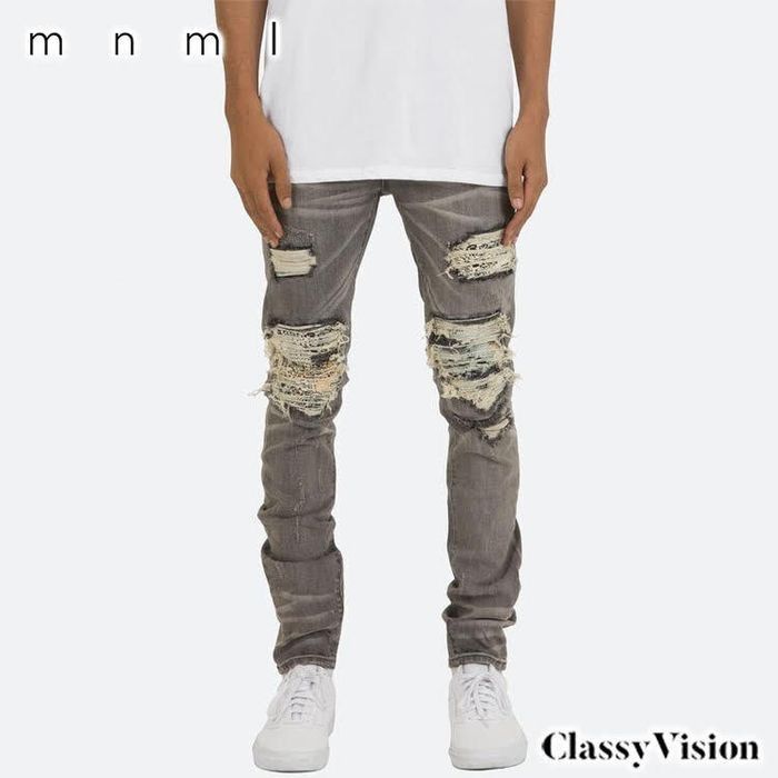 mnml X284 ウォッシュ加工ペイズリーダメージストレッチスキニーデニム