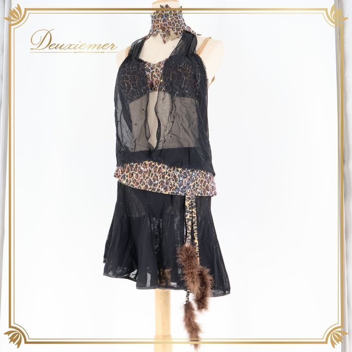 社交ダンス用ラテンドレス 黒い羽毛とヒョウ柄 社交ダンス用ラテンドレス 黒い羽毛とヒョウ柄 社交ダンス用ドレス