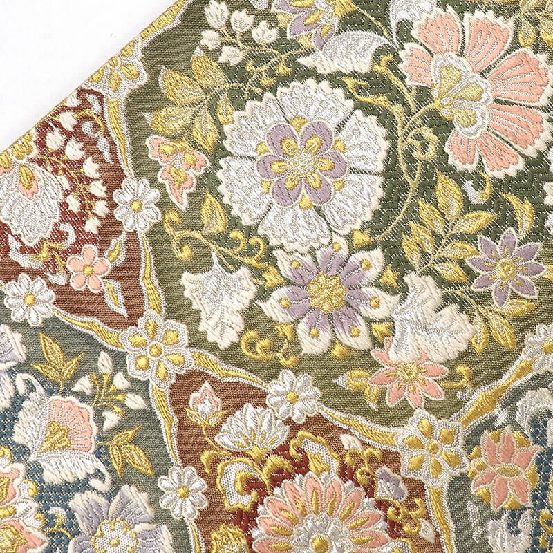 袋帯 正絹 六通柄 緑 セール中 亀甲華文 豪華 品格 長さ439cm 幅31cm