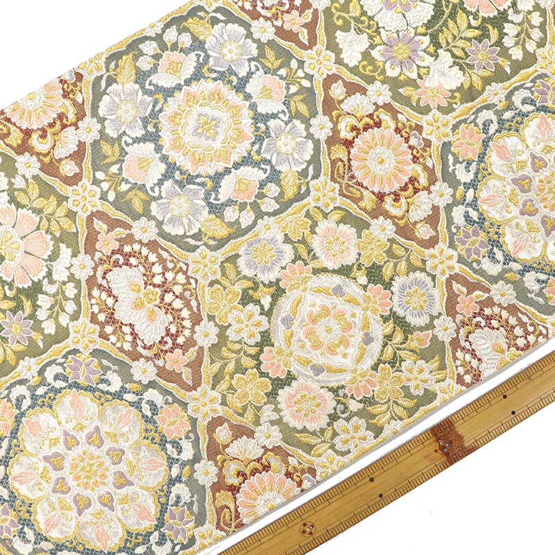 袋帯 正絹 六通柄 緑 セール中 亀甲華文 豪華 品格 長さ439cm 幅31cm