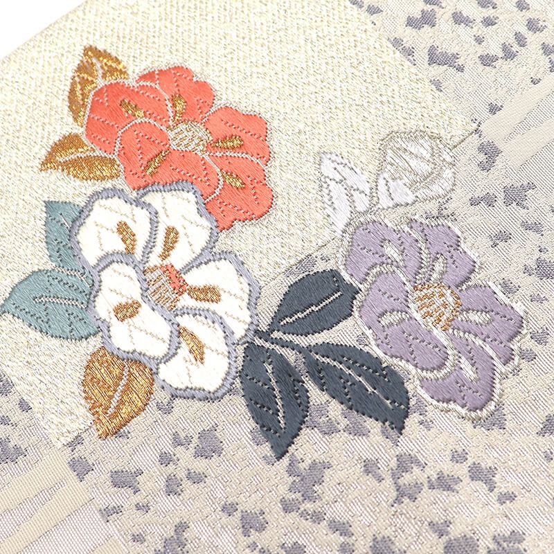 袋帯 正絹 花柄刺繍 銀色 着物 和装 あおき【L-8380】刺繍 袋帯 銀色 