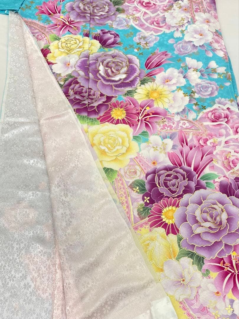 振袖 仮絵羽 銀通し カラーストーン グリッター箔 正絹 未仕立て品 八掛付き 振袖 仮絵羽 京友禅 刺繍 グリッター 正絹 未仕立て品 八掛付き MOK876