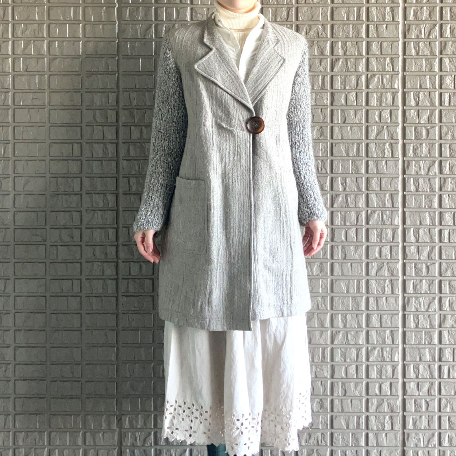 io comme io 異素材コンビのデザインコート ウールコート ミドル丈