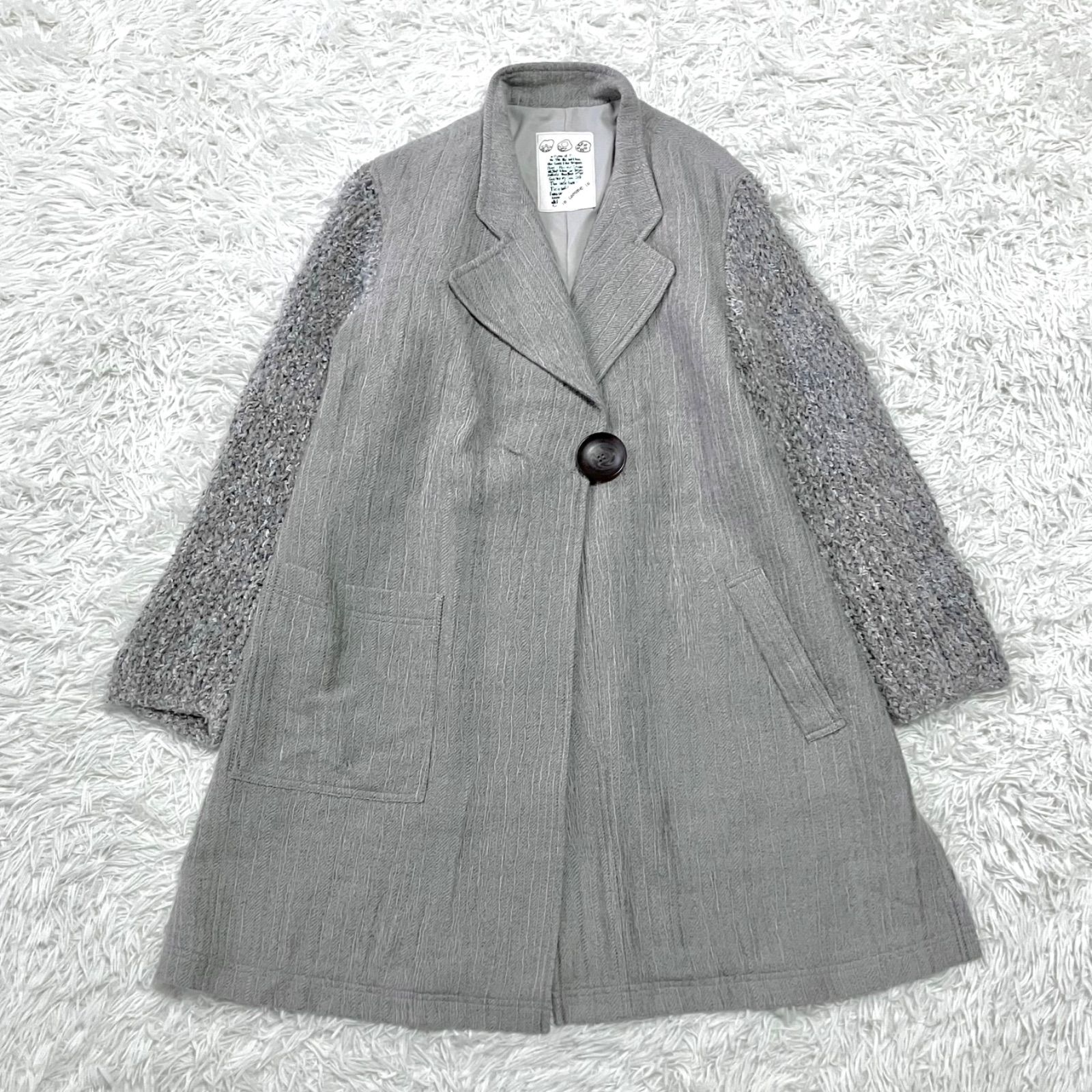 io comme io 異素材コンビのデザインコート ウールコート ミドル丈