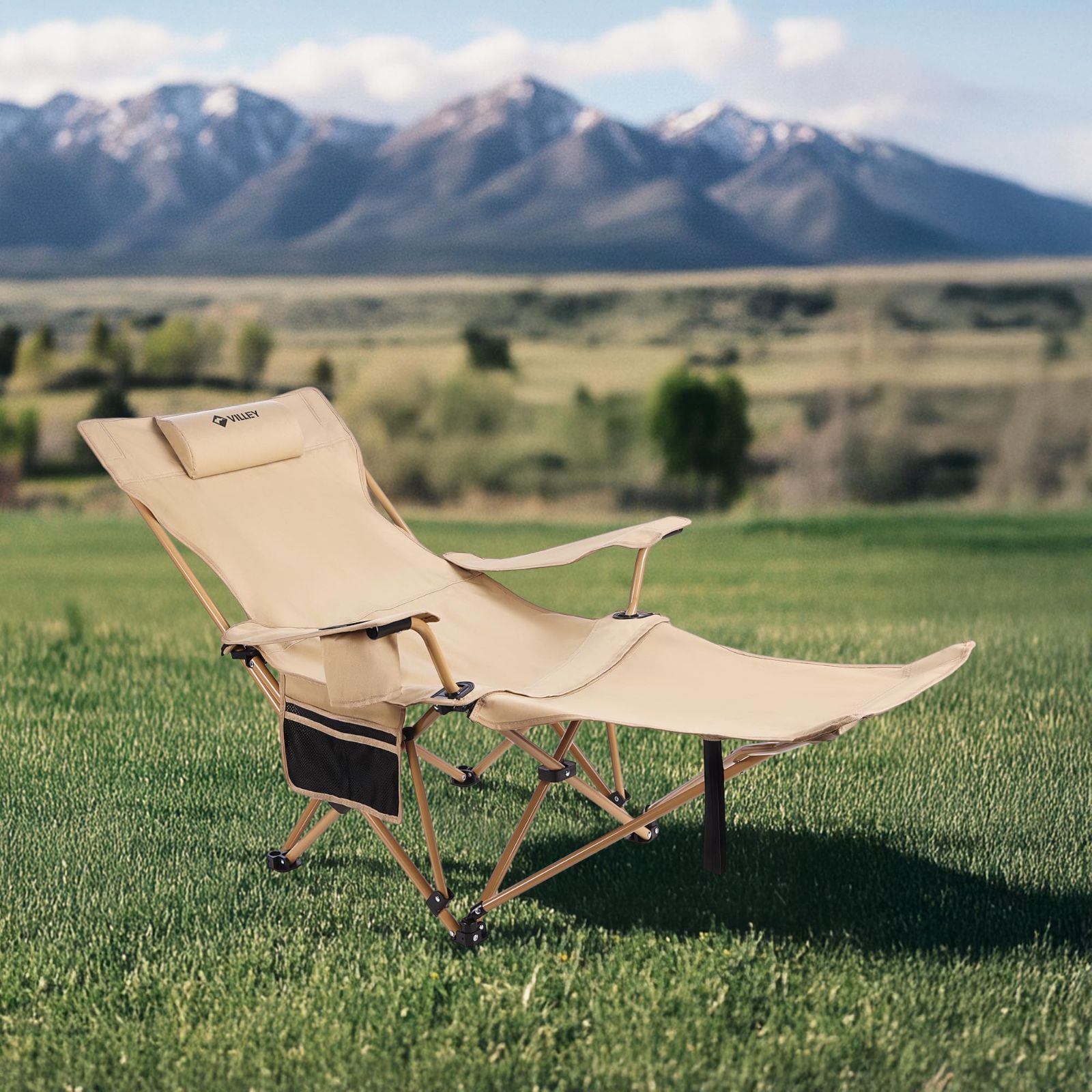  数量 リラックス 庭 登山 お釣り 寝れる キャンプ いす 椅子 調節 無段階 耐荷重150 KG 枕とオットマン付き 収納ケース付き 組立不要 折りたたみ レイチェア キャンプ椅子 リクライニングチェア アウトドアチェア VILLEY ハンモック テーブル チェア ハンモック