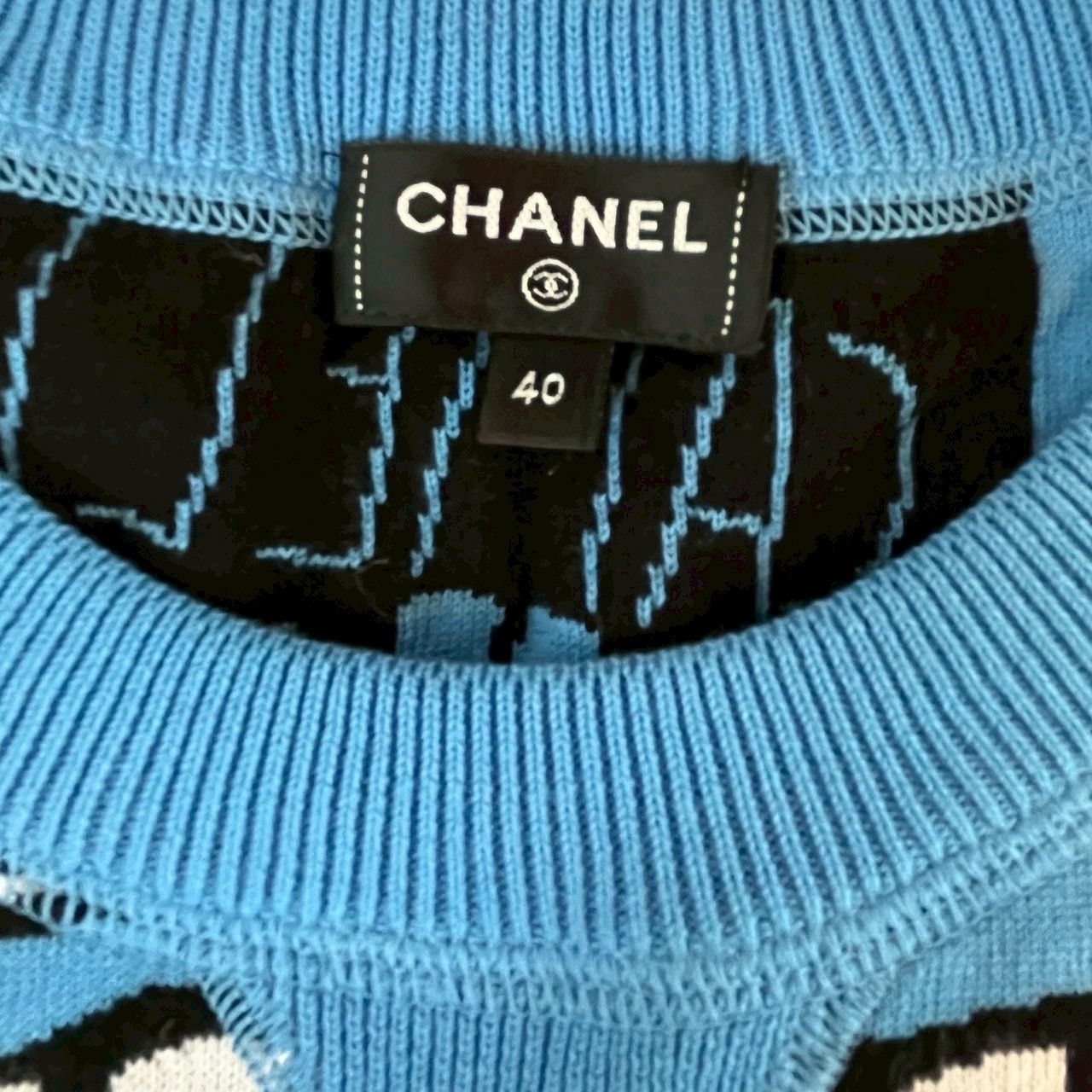 極美品】シャネル CHANEL ニット セーター 水色 ロゴ総柄 40 フランス 