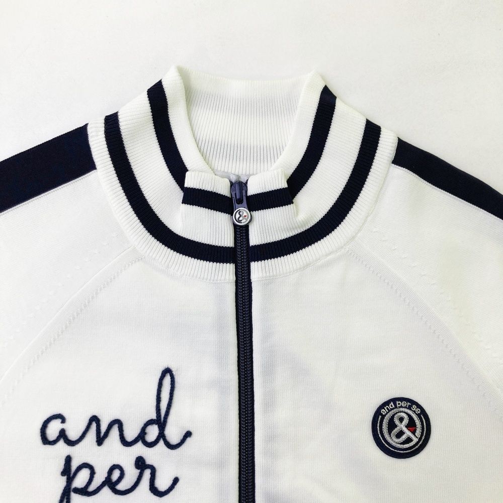 サイズ：M AND PER SE アンパスィ ロゴ刺繍入り 長袖ニットジャケット