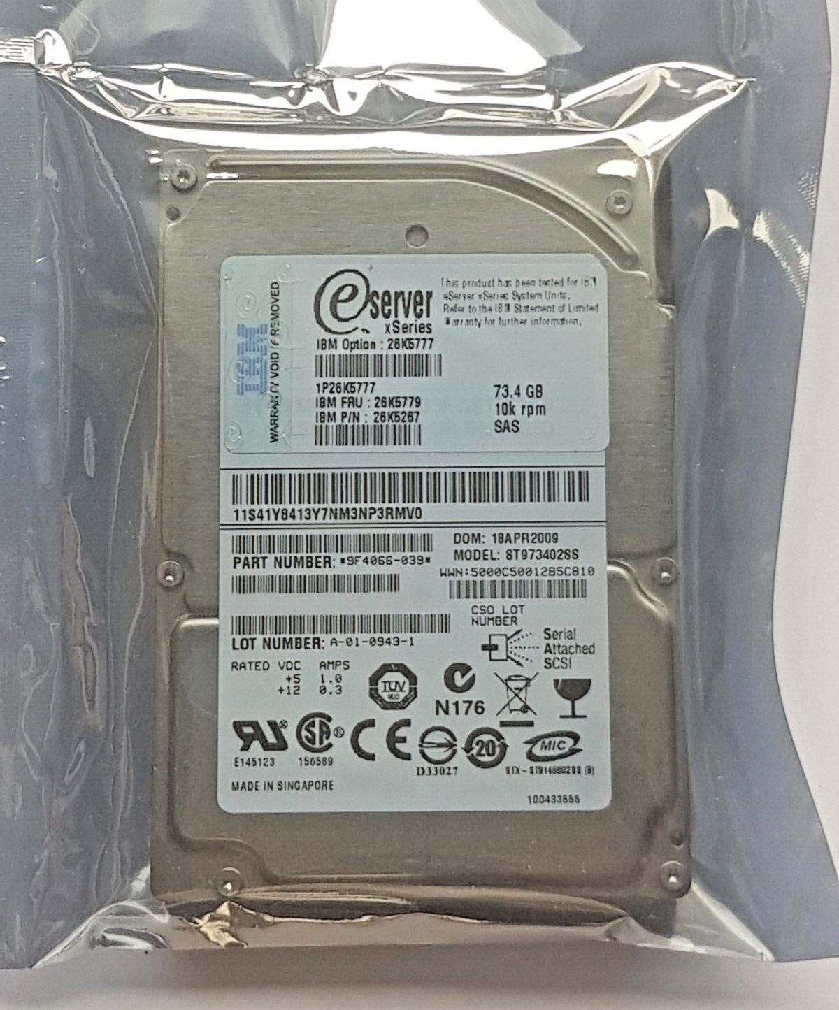73.4 GB SAS IBM xSeries 26K5777 / ST973402SS 10K 8 MB HDD 2.5 ハードドライブ