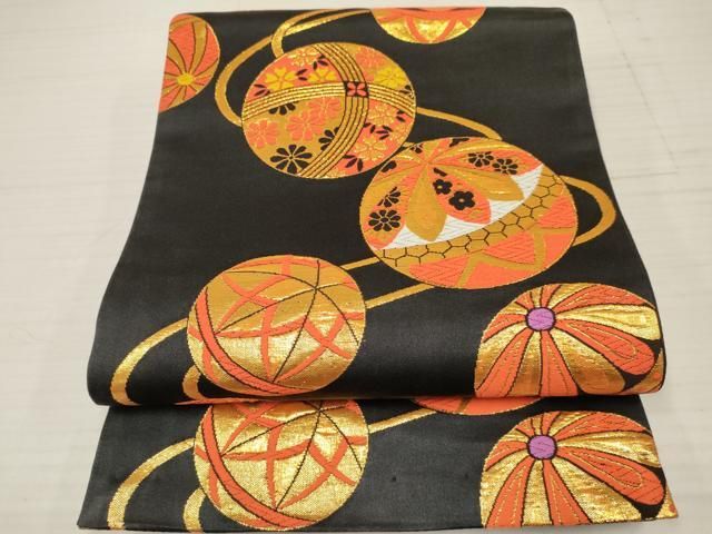 平和屋着物[]七五三 子供 女の子 全通柄袋帯 鞠花文 黒地 金糸 逸品