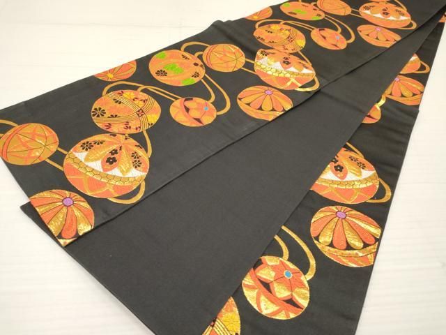 平和屋着物[]七五三 子供 女の子 全通柄袋帯 鞠花文 黒地 金糸 逸品