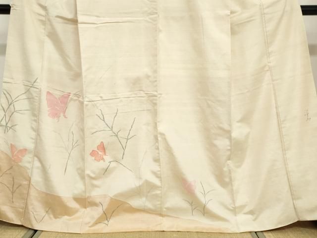 平和屋着物▽絲藝苑　上島洋山　紬　単衣　縞　そごう百貨店扱い　正絹　逸品　AABG7726jh 平和屋着物○絲藝苑 上島洋山 訪問着 紬地 舞蝶文 金糸 正絹 逸品