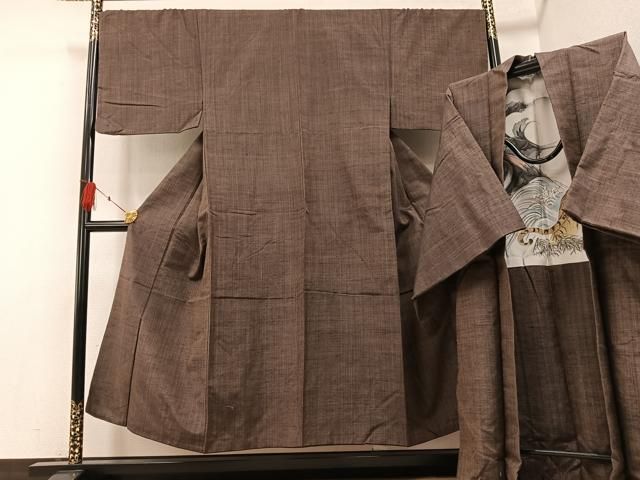 平和屋着物●男性　紬　アンサンブル　色無地　涅色　正絹　逸品　AABF6950ph 平和屋着物○男性 紬 アンサンブル 色無地 涅色 正絹 逸品 AABF6950ph