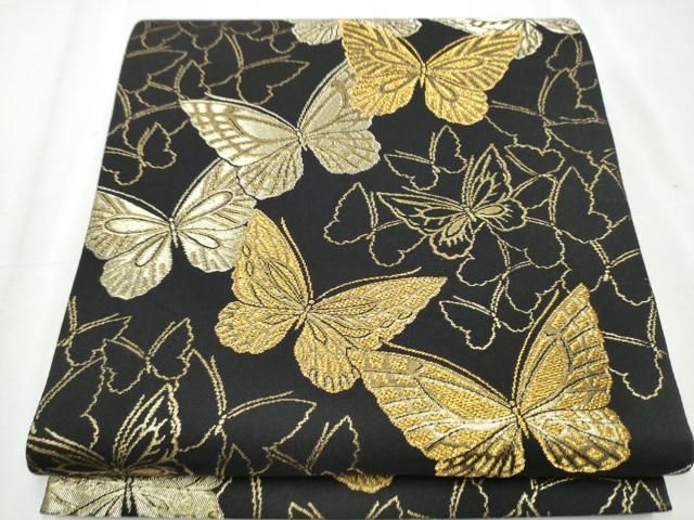 平和屋着物○染色作家 斉藤三才 全通柄袋帯 舞蝶文 三才鳥 黒地 金糸