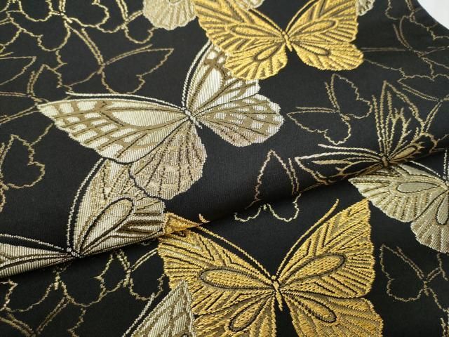 平和屋着物○染色作家 斉藤三才 全通柄袋帯 舞蝶文 三才鳥 黒地 金糸