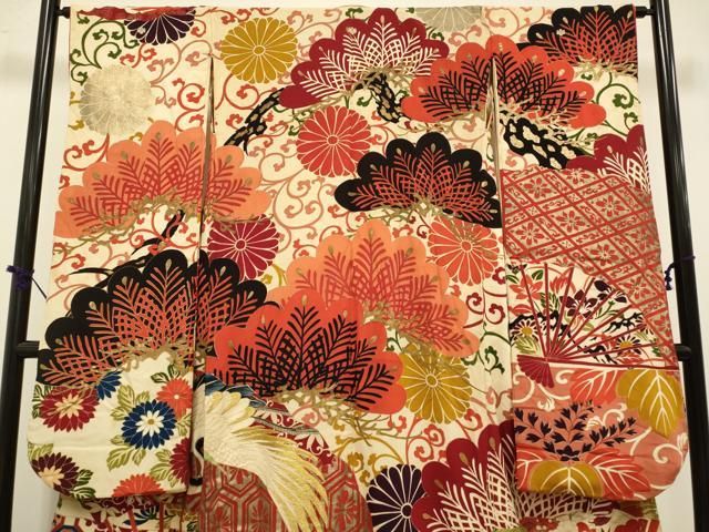 平和屋着物○アンティーク 大正ロマン 振袖 刺繍 扇面飛鶴花松文 金彩