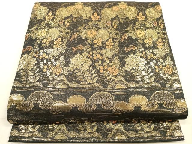 平和屋着物◎六通柄袋帯 風景花文 黒地 金糸 正絹 逸品 DABA8357xg