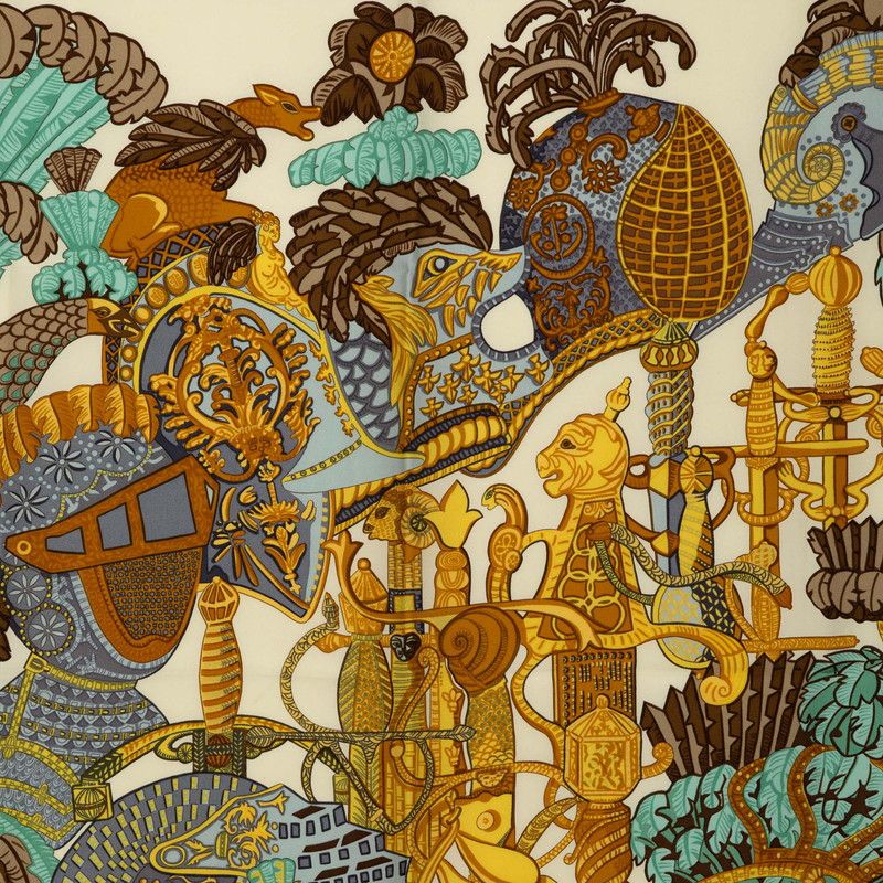 エルメス カレ90 ARMETS en PANACHE 羽飾りの騎兵兜 ベージュ マルチ