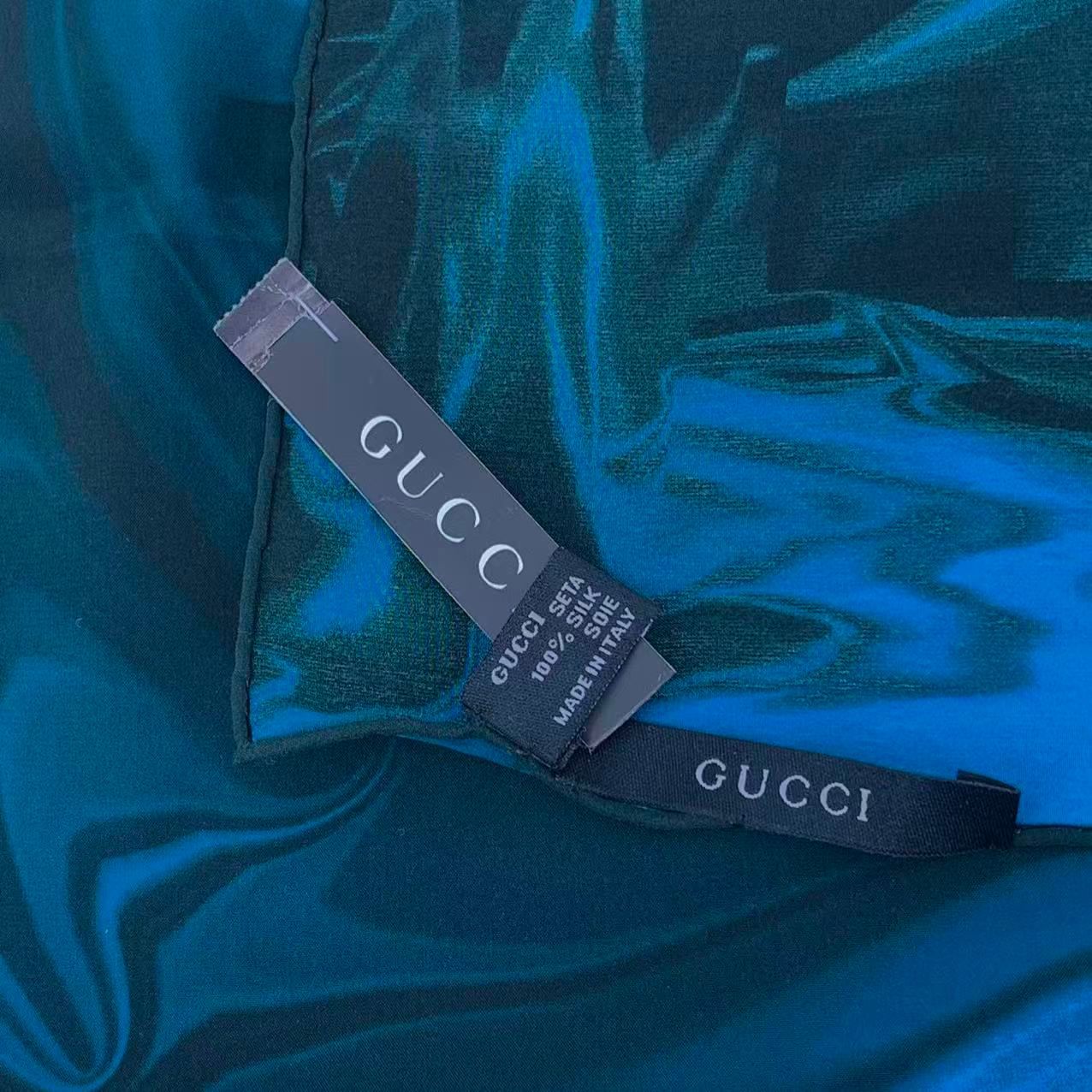 未使用品 GUCCI グッチ スカーフ シルク 大判 マーブル模様 ブルー x