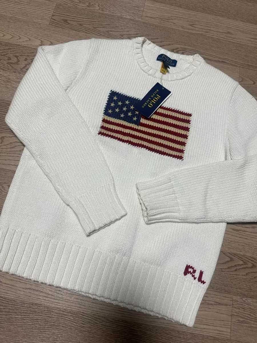 ラルフローレン　星条旗ニット　アイボリー ラルフローレン 星条旗柄 コットンセーター 表記(L) オフホワイト