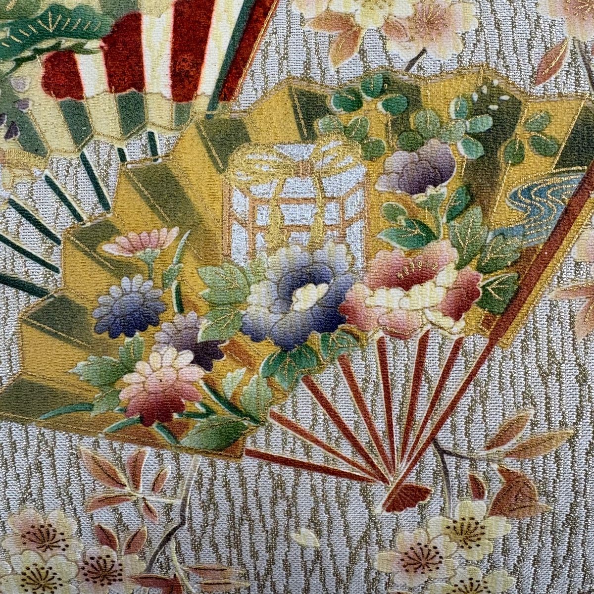 美品】 袋帯 秀品 扇 桜 金彩 金糸 灰白 お太鼓柄 正絹 【中古