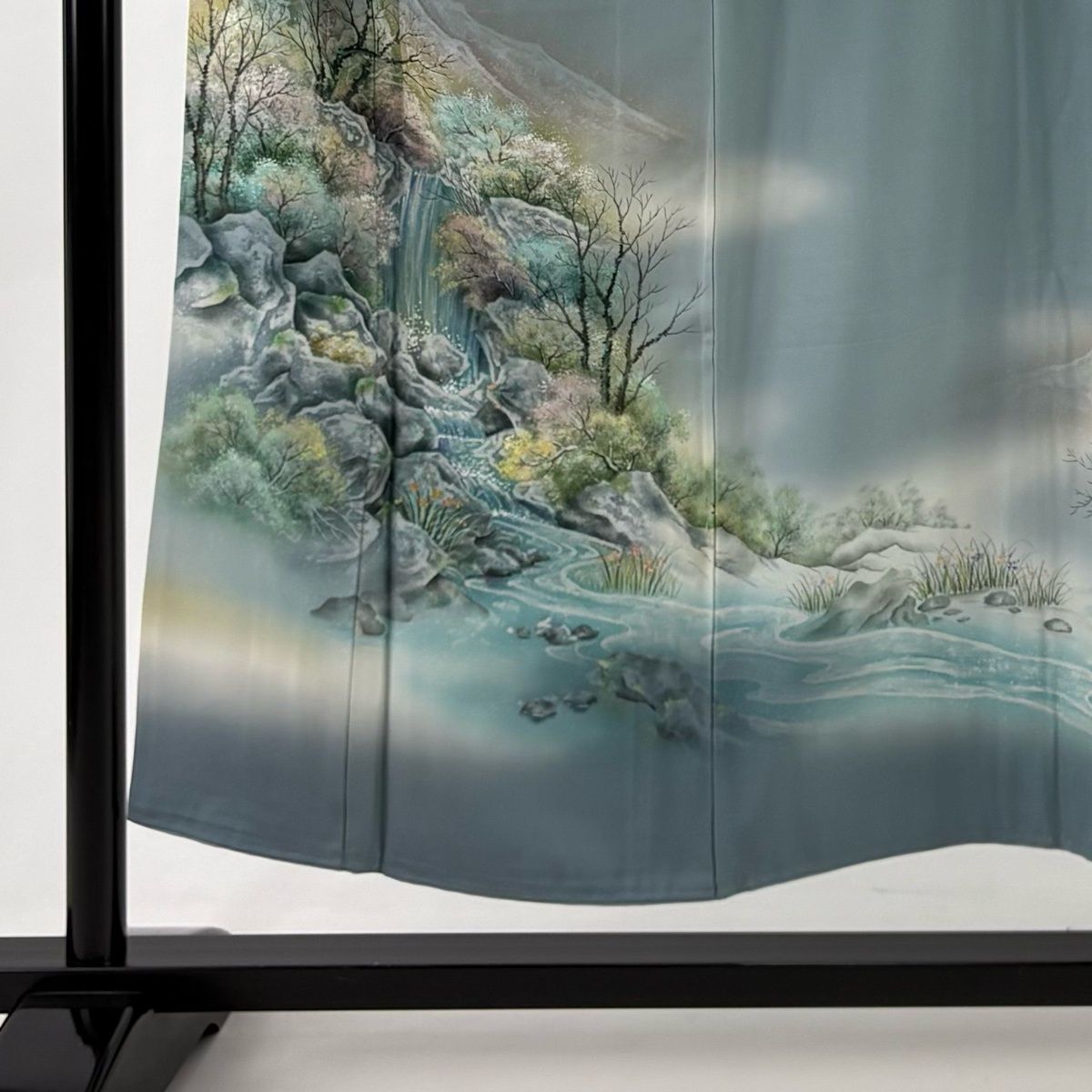 付下げ 身丈151cm 裄丈62cm S 袷 落款 滝 水辺の風景 ぼかし 青灰色