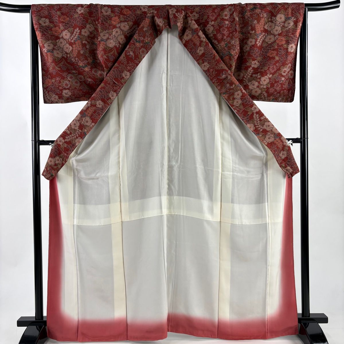 小紋 身丈168cm 裄丈65cm M 袷 辻が花柄 金彩 えんじ色 正絹 秀品