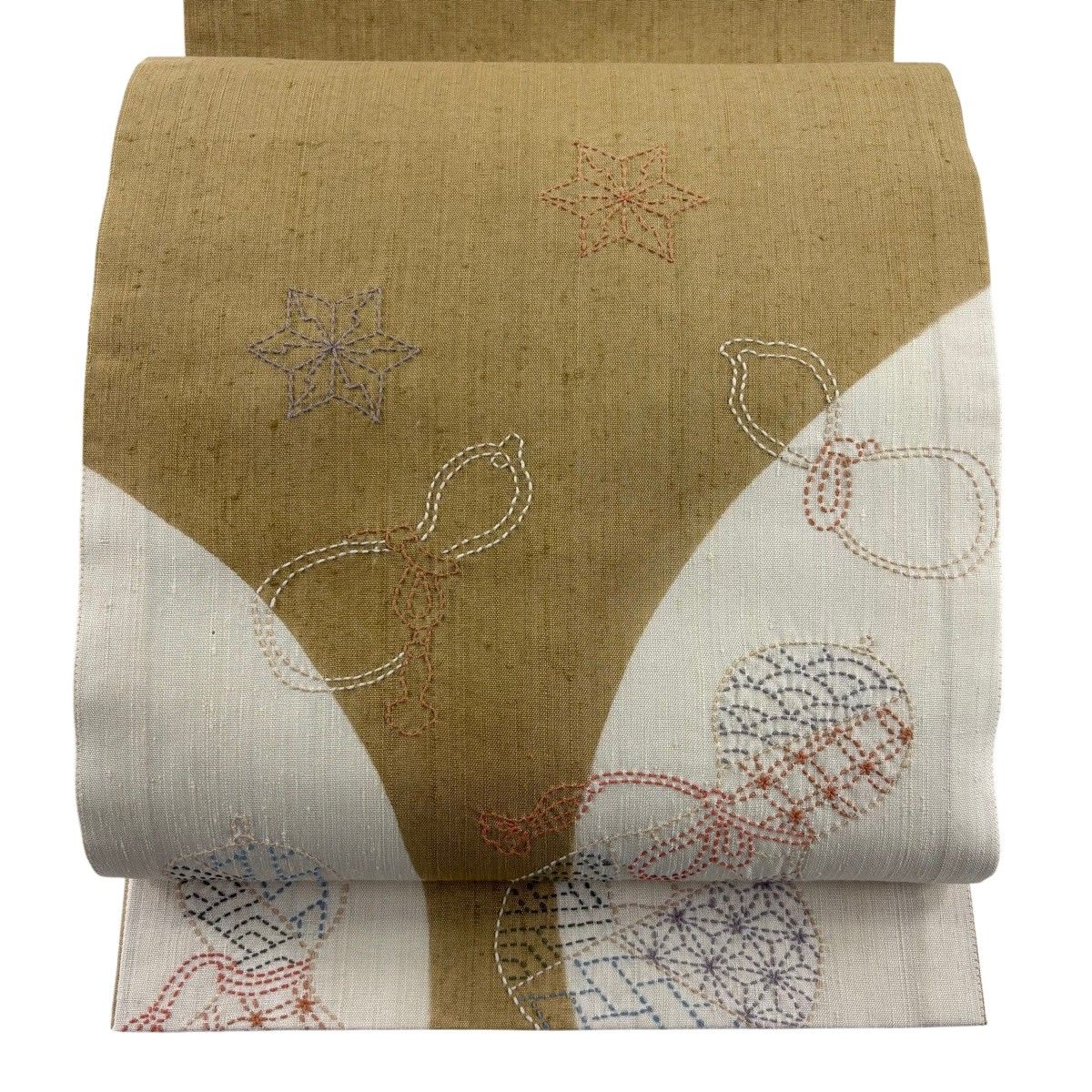 美品】 袋帯 秀品 瓢箪 紅葉 刺し子 紬地 黄土色 お太鼓柄 正絹 【中古