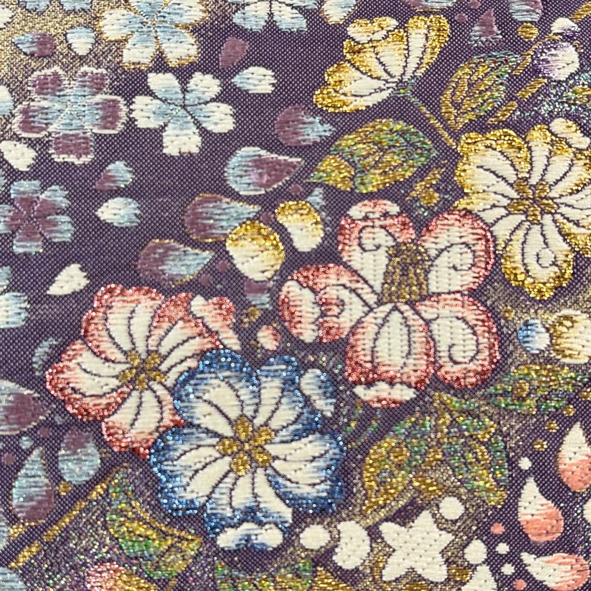 美品】 袋帯 秀品 やまと 草花 松皮菱 金糸 箔 紫 六通 正絹 【中古