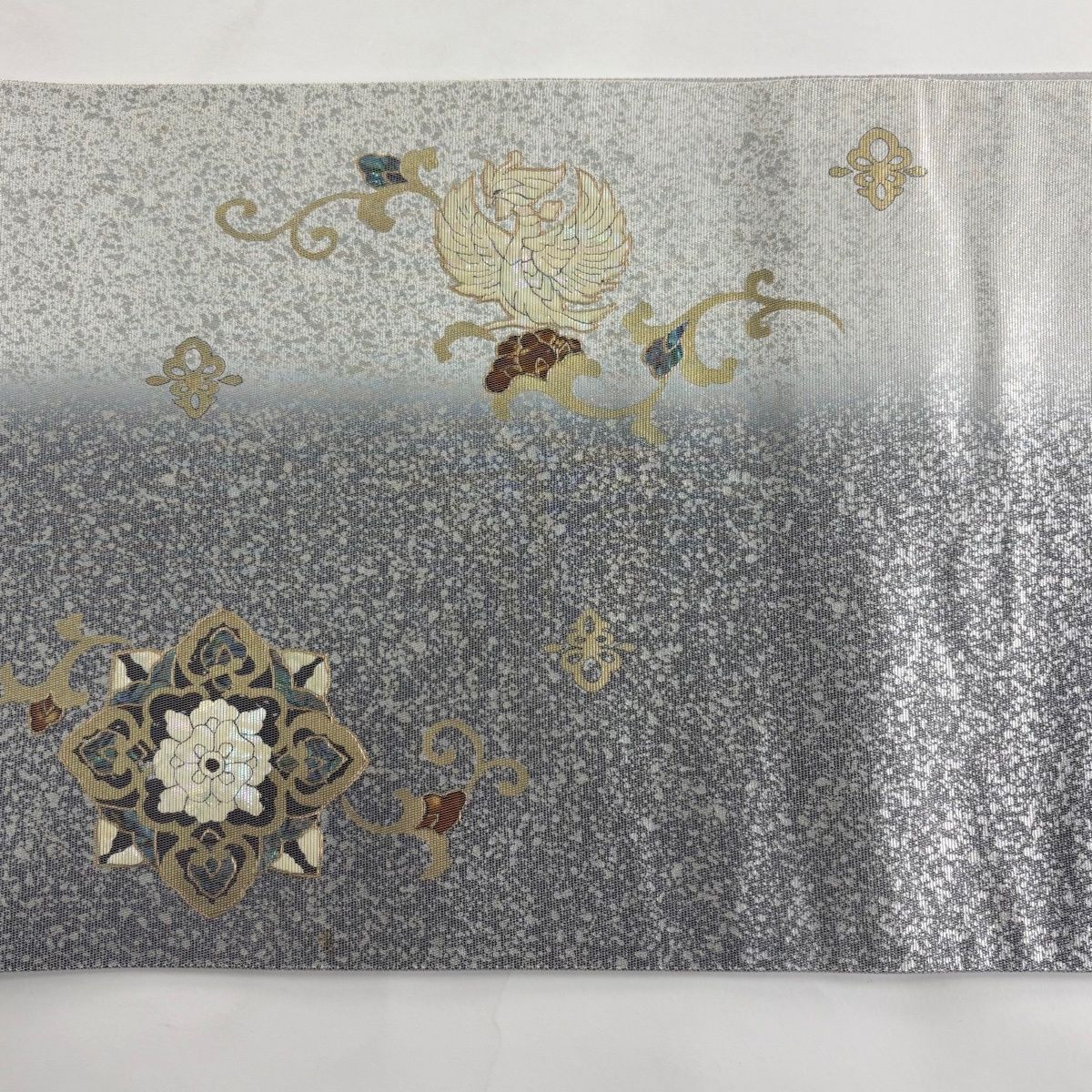 美品】 袋帯 秀品 落款 岡島良山 華文 鳥 螺鈿箔 灰色 お太鼓柄 正絹