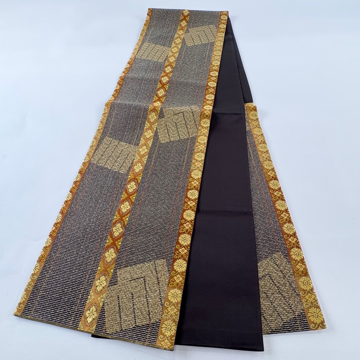 美品】 袋帯 秀品 源氏香 花唐草 箔 金糸 焦茶色 六通 正絹 【中古