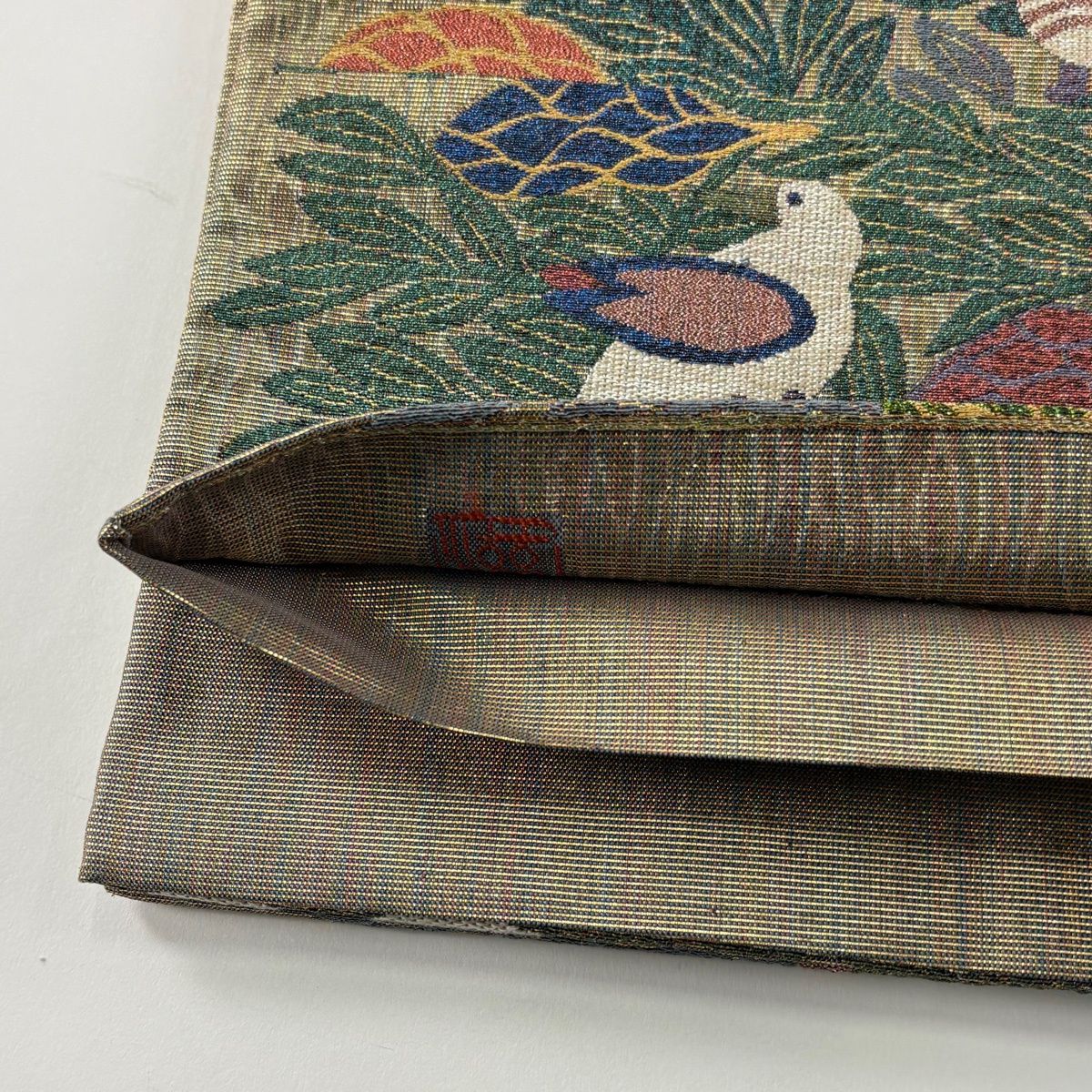 美品】 袋帯 逸品 落款 鳥 樹木 金糸 箔 金色 六通 正絹 【中古
