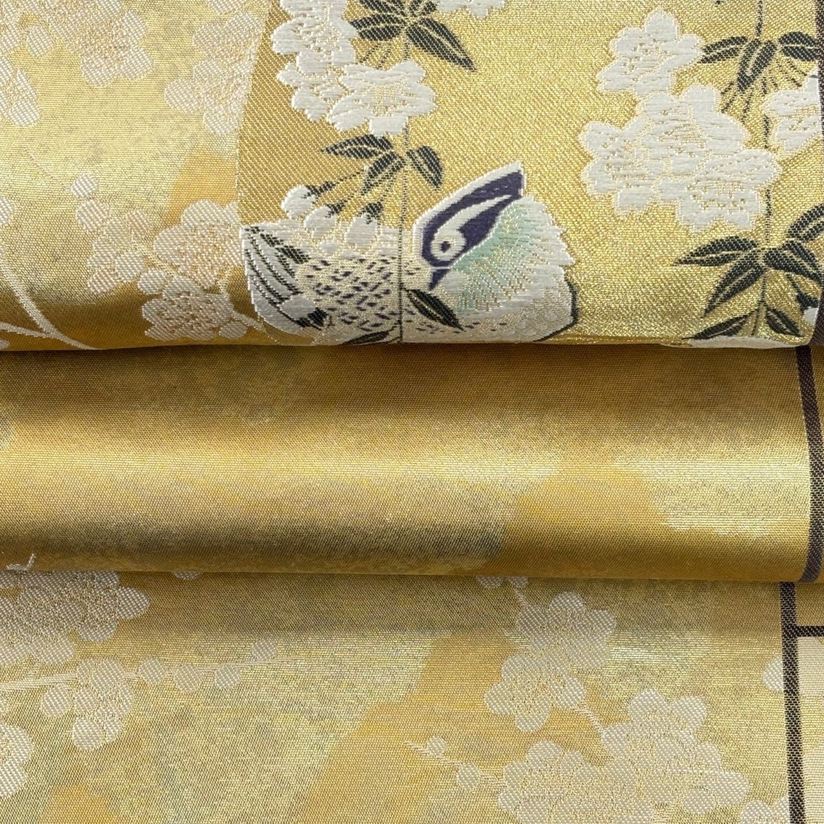 A 195袋帯　大太鼓 本金箔 金銀糸　松と花柄　正絹 美品着物 美品 袋帯 逸品 花鳥 花菱 綴織 金銀糸 ベージュ お太鼓柄 正絹 中古