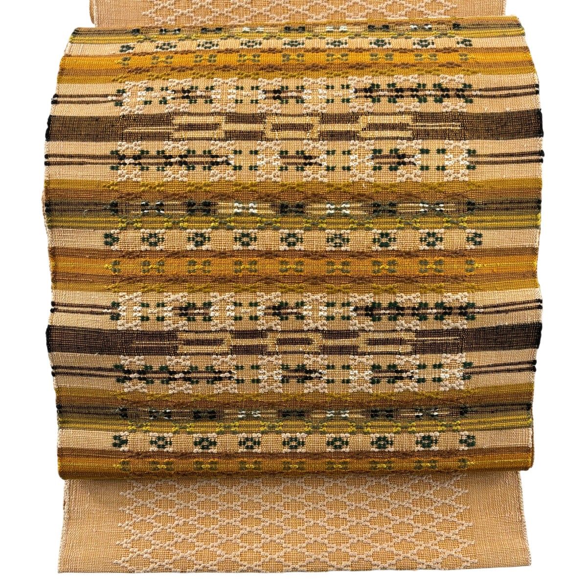 美品】 名古屋帯 逸品 八寸名古屋帯 紬地 縞 幾何学 オレンジ 正絹