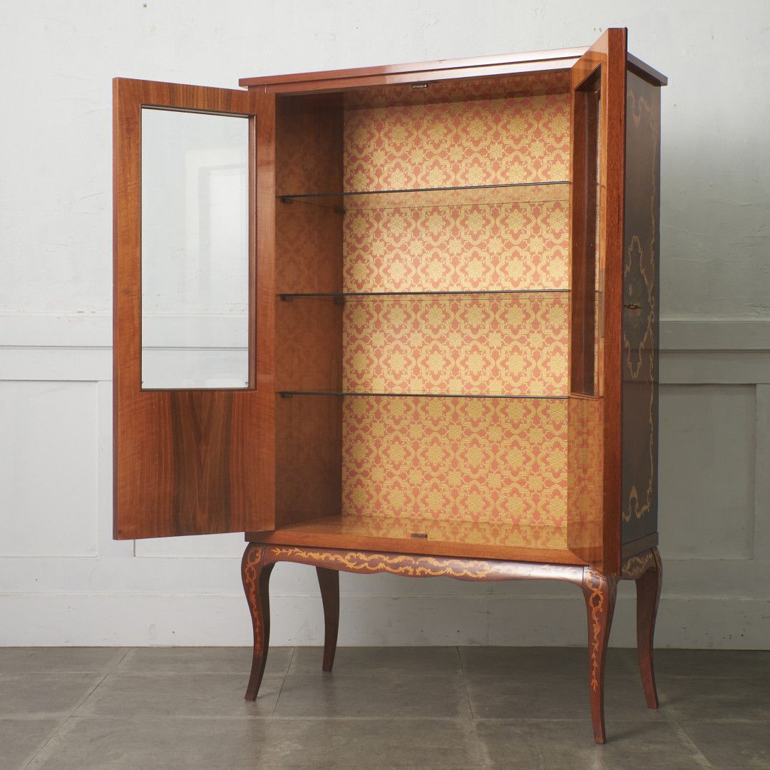 イタリア製 クラシック 象嵌 飾り棚 マホガニー ガラス キャビネット