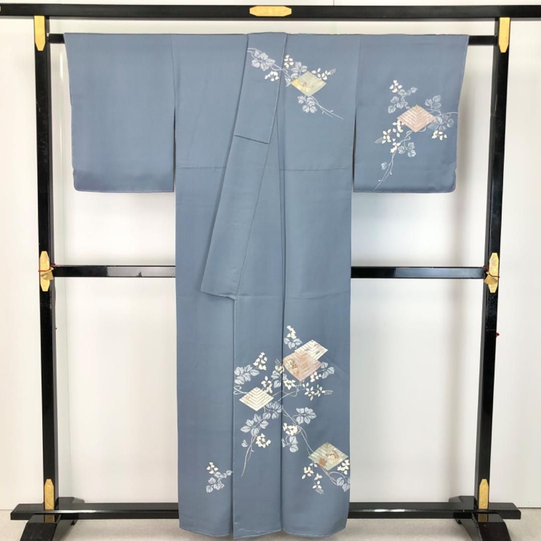 訪問着 作家物 友禅 松菱に花模様 竹屋町刺繍 港鼠色 しつけ糸 K-5671