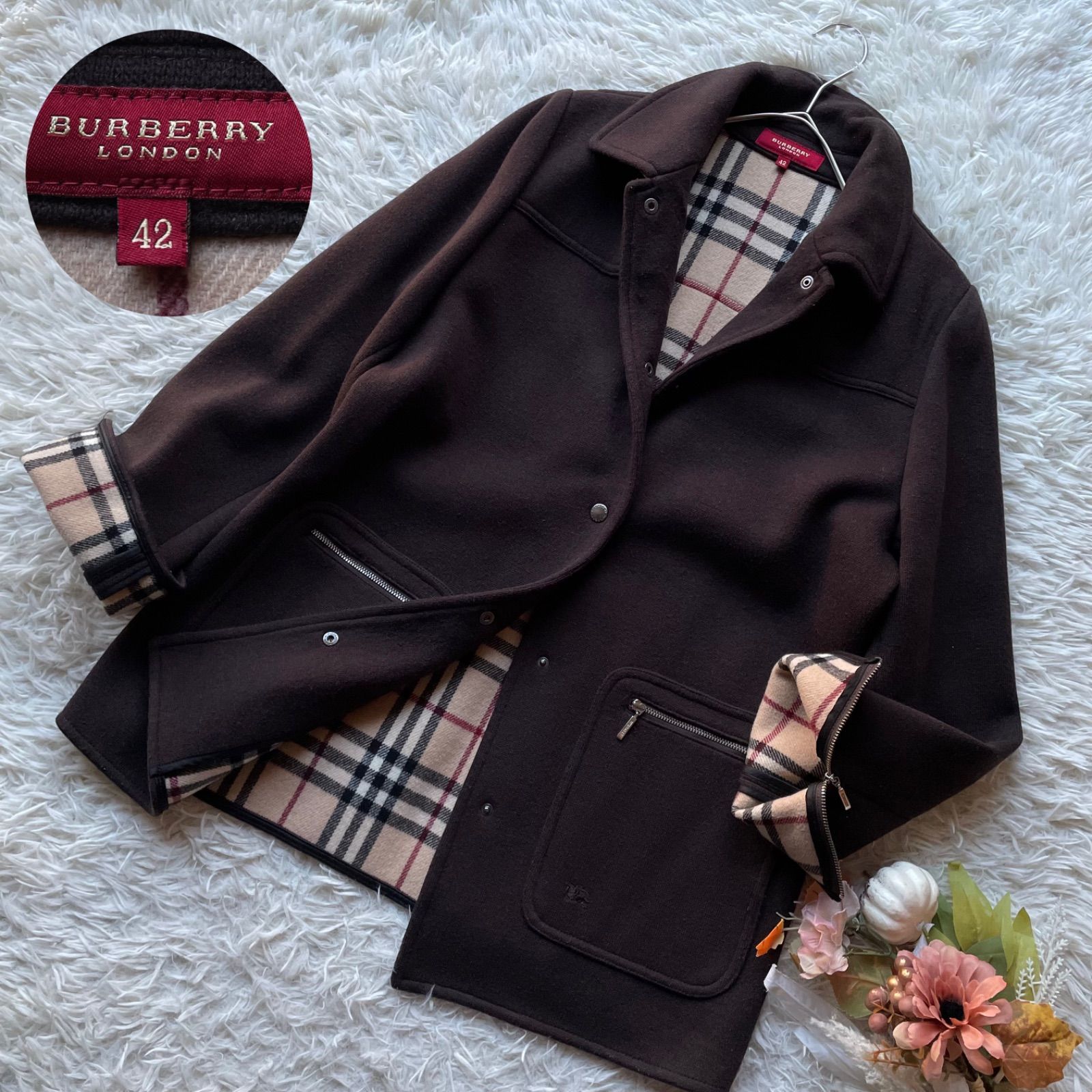 バーバリーロンドン　テーラードジャケット　チェック　ニット切替 ネイビー　38 中古・古着通販】BURBERRY LONDON (バーバリーロンドン) テーラード