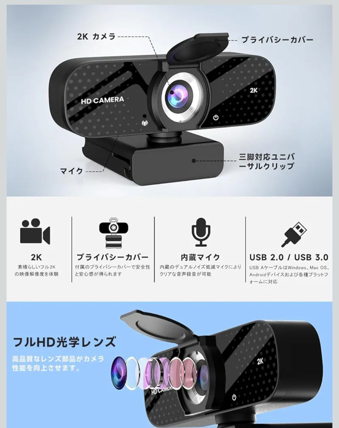 ☆Webカメラ ウェブカメラ HD 2K マイク内蔵 プライバシー保護カバー