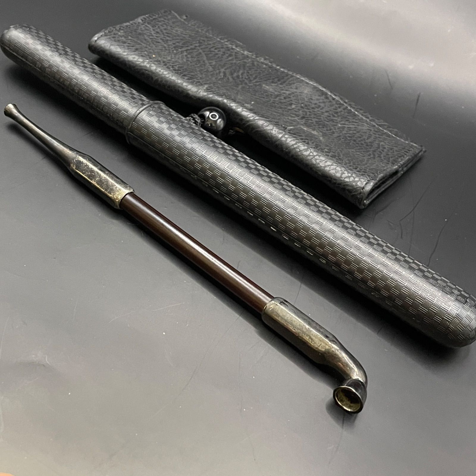 豪華3点セット】煙管（キセル）20cm ＋ 市松模様キセル入れ ＋ レザー