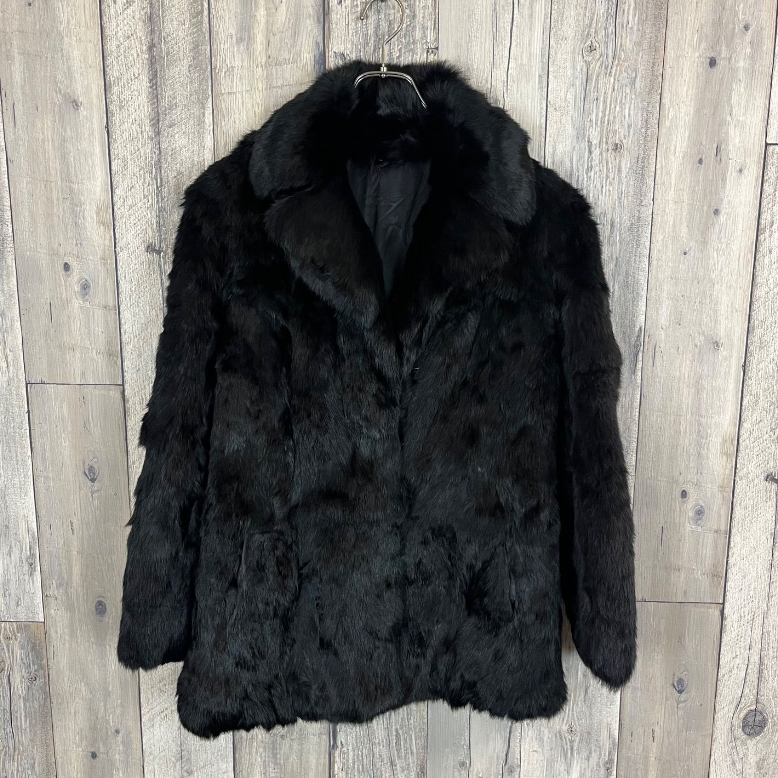 OLD unknown ブラック ラビットファー ショート ショールカラー コート 