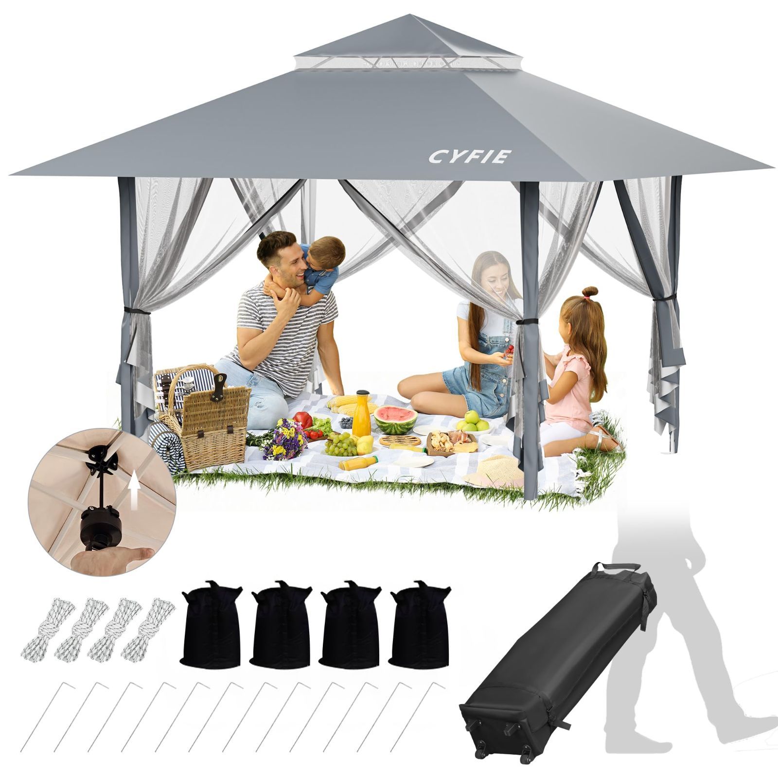 CYFIE タープテント 3mx3m 蚊帳付き センターロック 風抜けベンチ